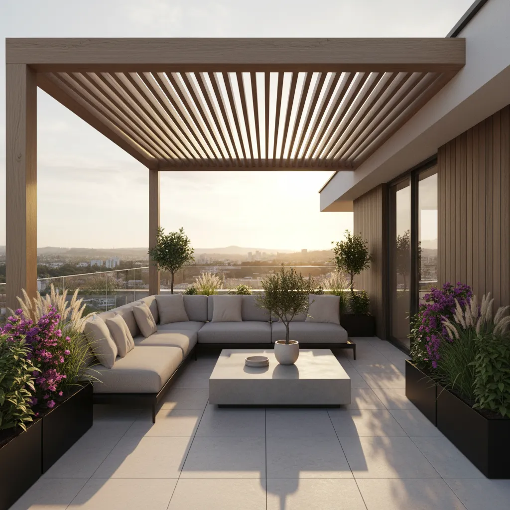 Terraza funcional en azotea con pérgola y zona de descanso