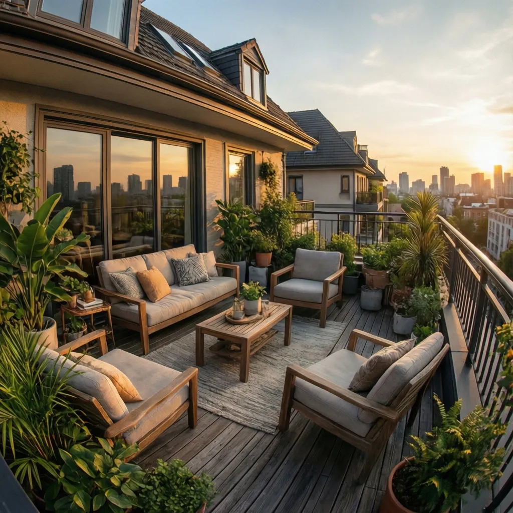 Terraza en el tercer piso con zona de descanso y plantas