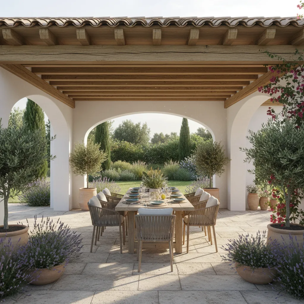 Terraza cubierta que conecta la casa con el jardín