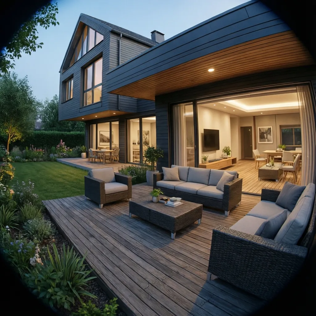 Terraza cubierta que conecta la vivienda con el jardín