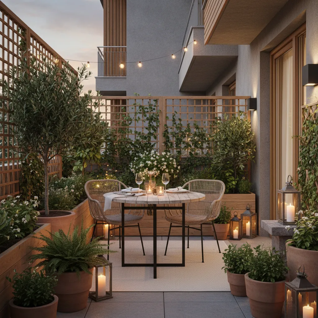Cozy balcony at dusk with dinner table string lights many green plants and candle lanterns