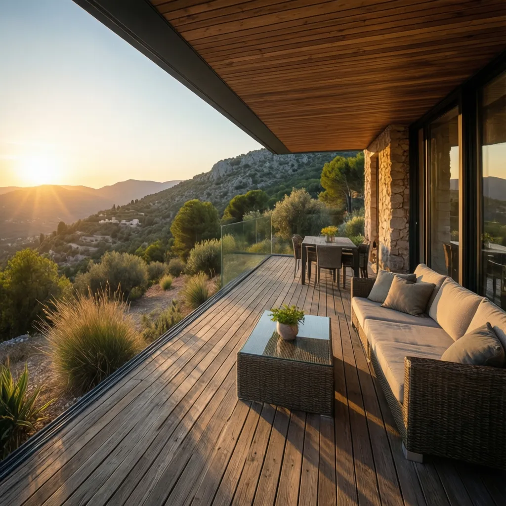 Modern wooden terrace with outdoor sofa and dining table overlooking mountains during a golden sunset