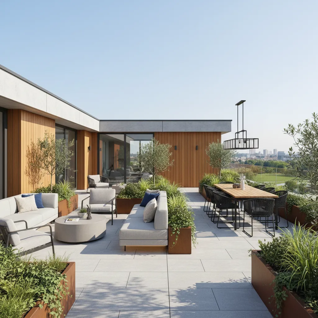 Gran terraza dividida en zona lounge y comedor exterior