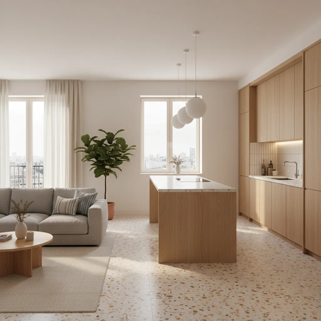 Cocina abierta conectada con salón mediante suelo de terrazo