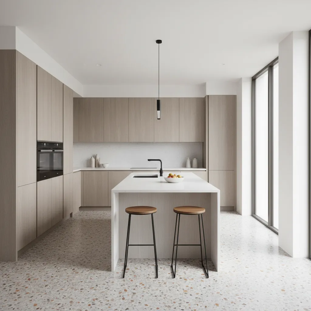 Cocina moderna con pavimento continuo de terrazo