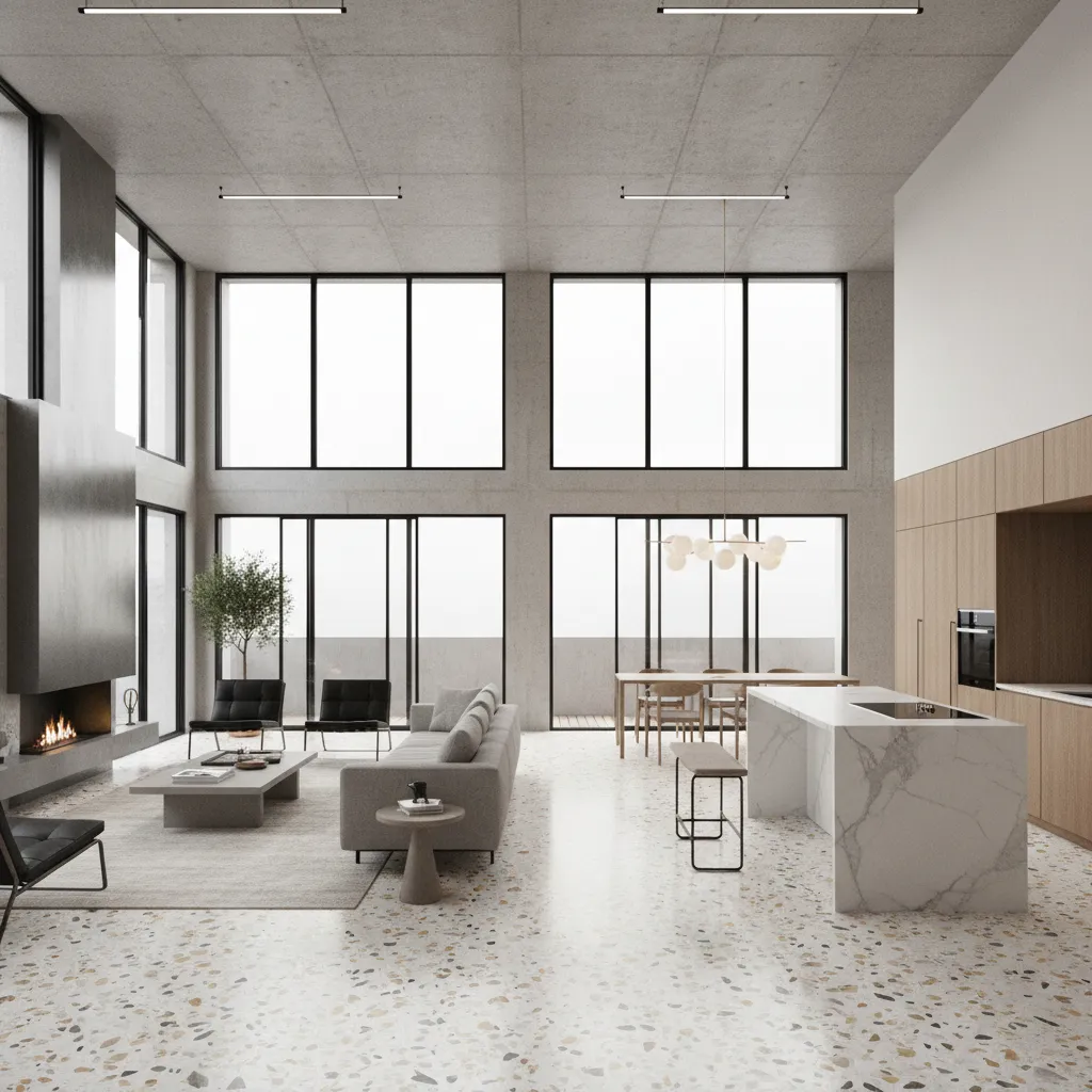 Espacio abierto con pavimento continuo de terrazo