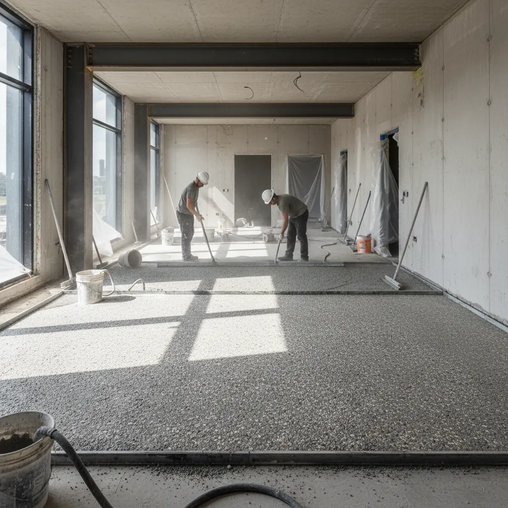 Proceso de instalación de terrazo continuo en obra