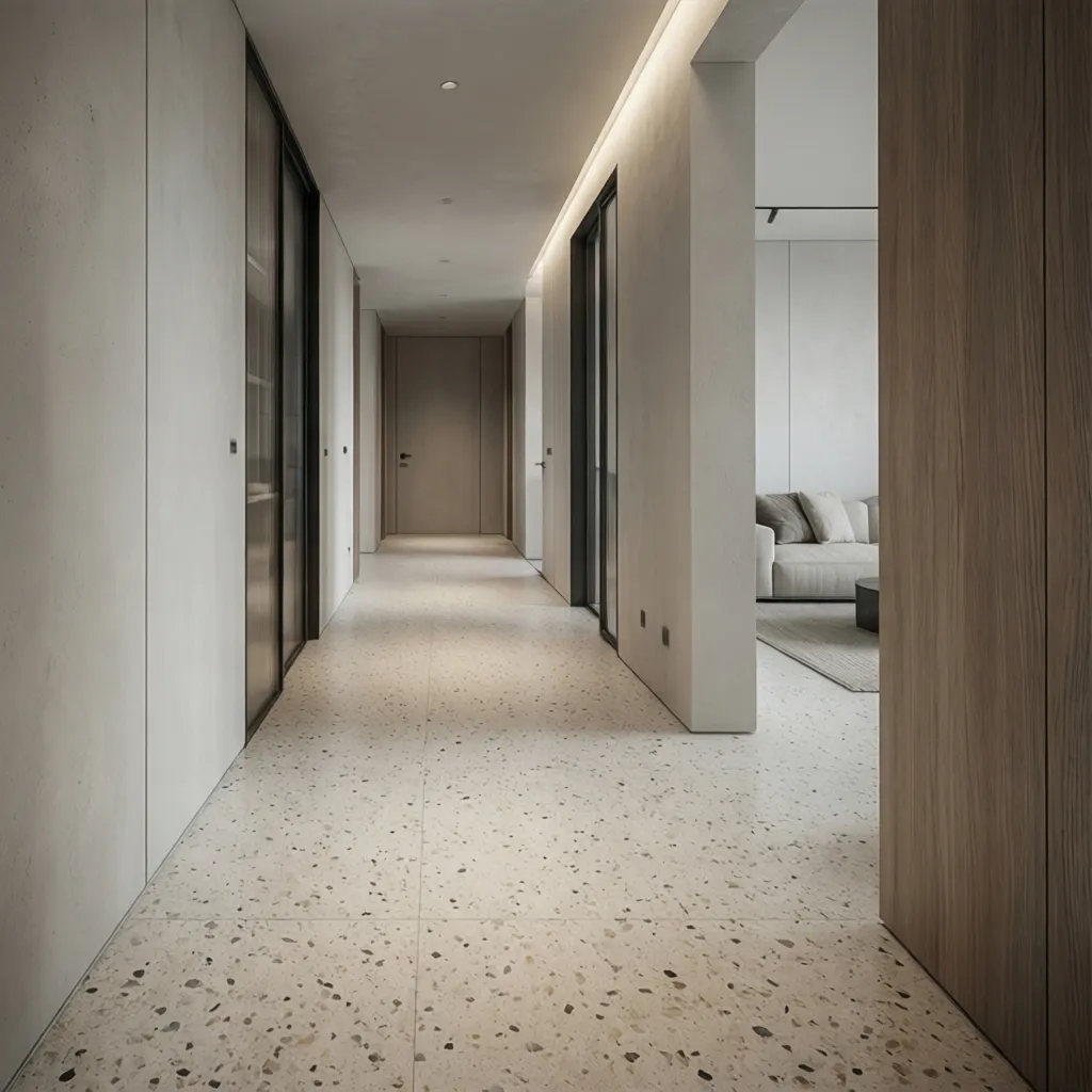 Pasillo interior con pavimento continuo de terrazo claro