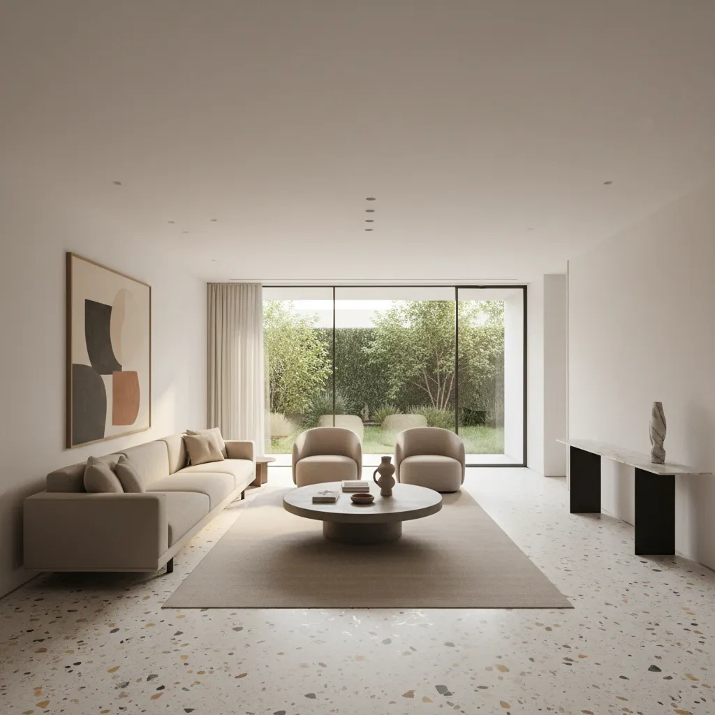 Salón contemporáneo con suelo de terrazo continuo