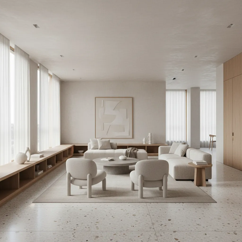 Salón moderno con suelo continuo de terrazo