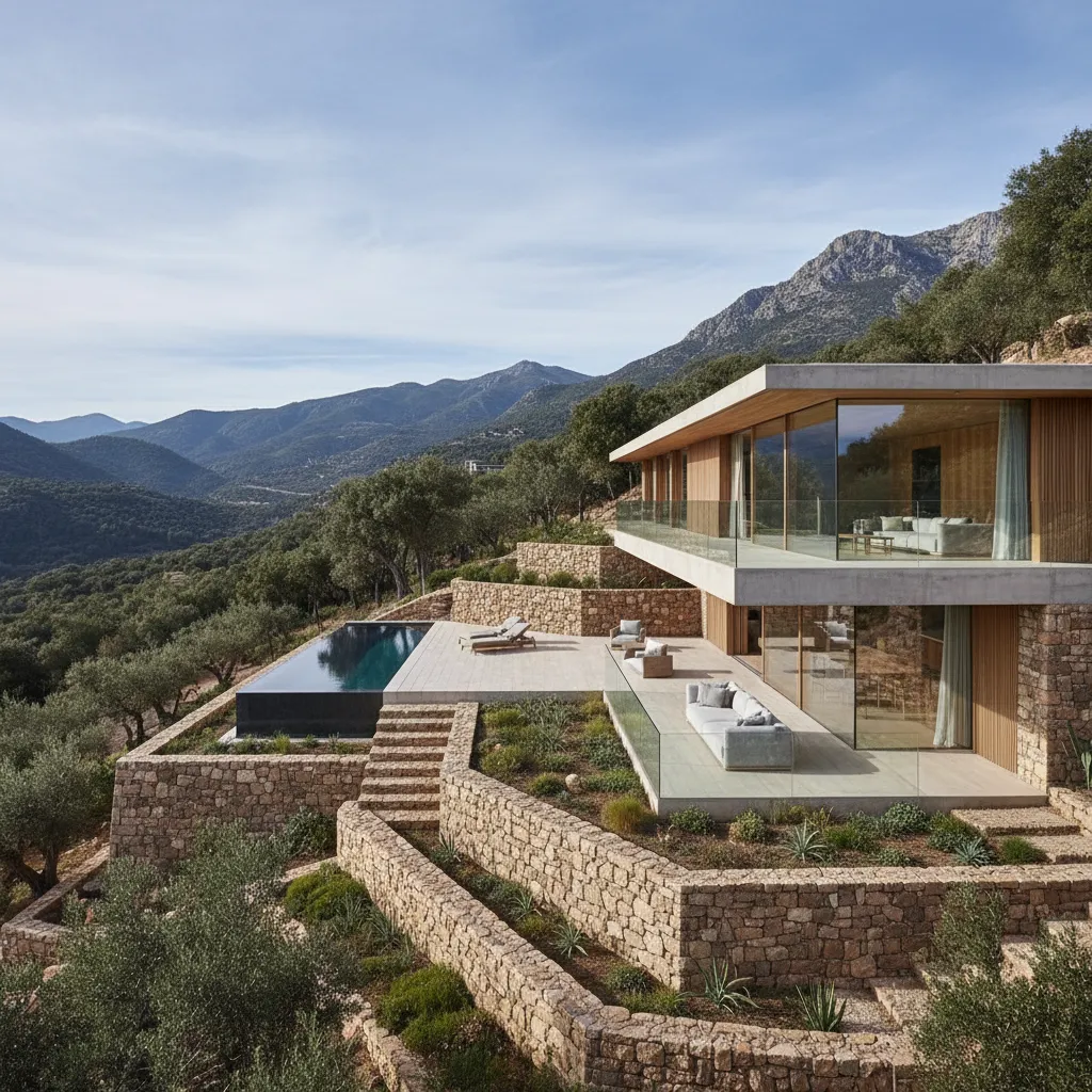 Modern villa with swimming pool and stone terraces overlooking green hills and distant mountain peaks