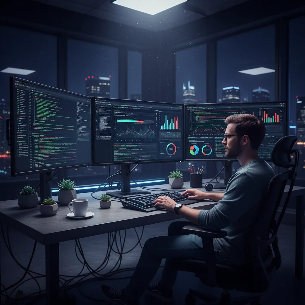 Ingeniero QA ejecutando pruebas automatizadas en múltiples pantallas