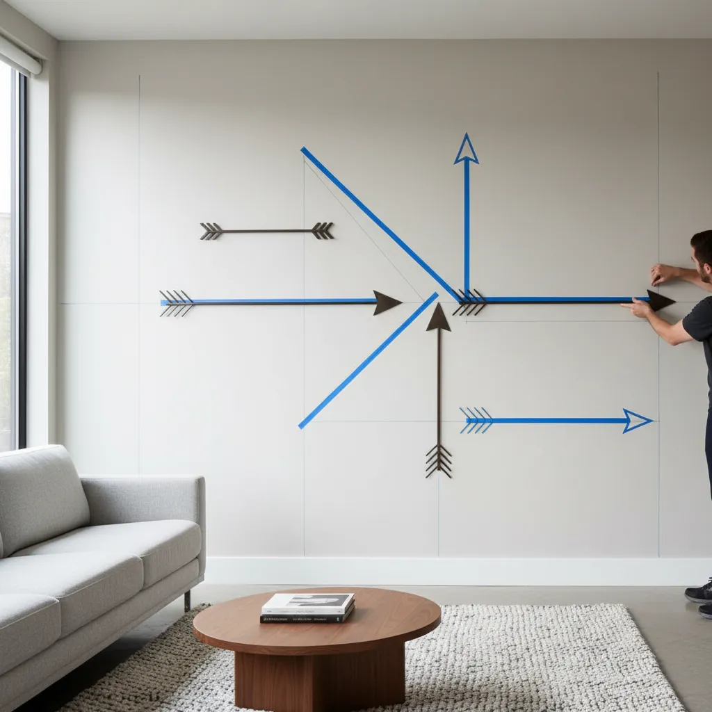 painter tape layout planning for metal arrow wall decor on wall