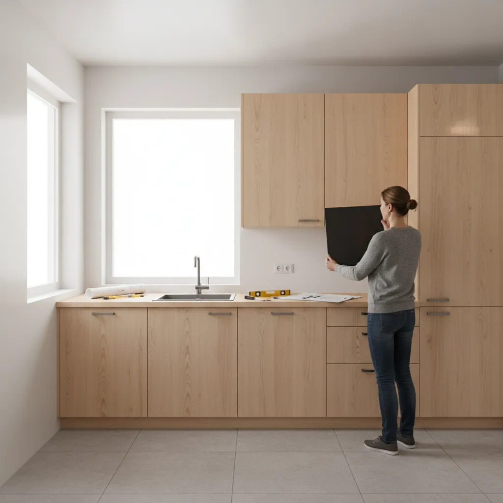 Homeowner testing black backsplash tile sample with wood cabinets