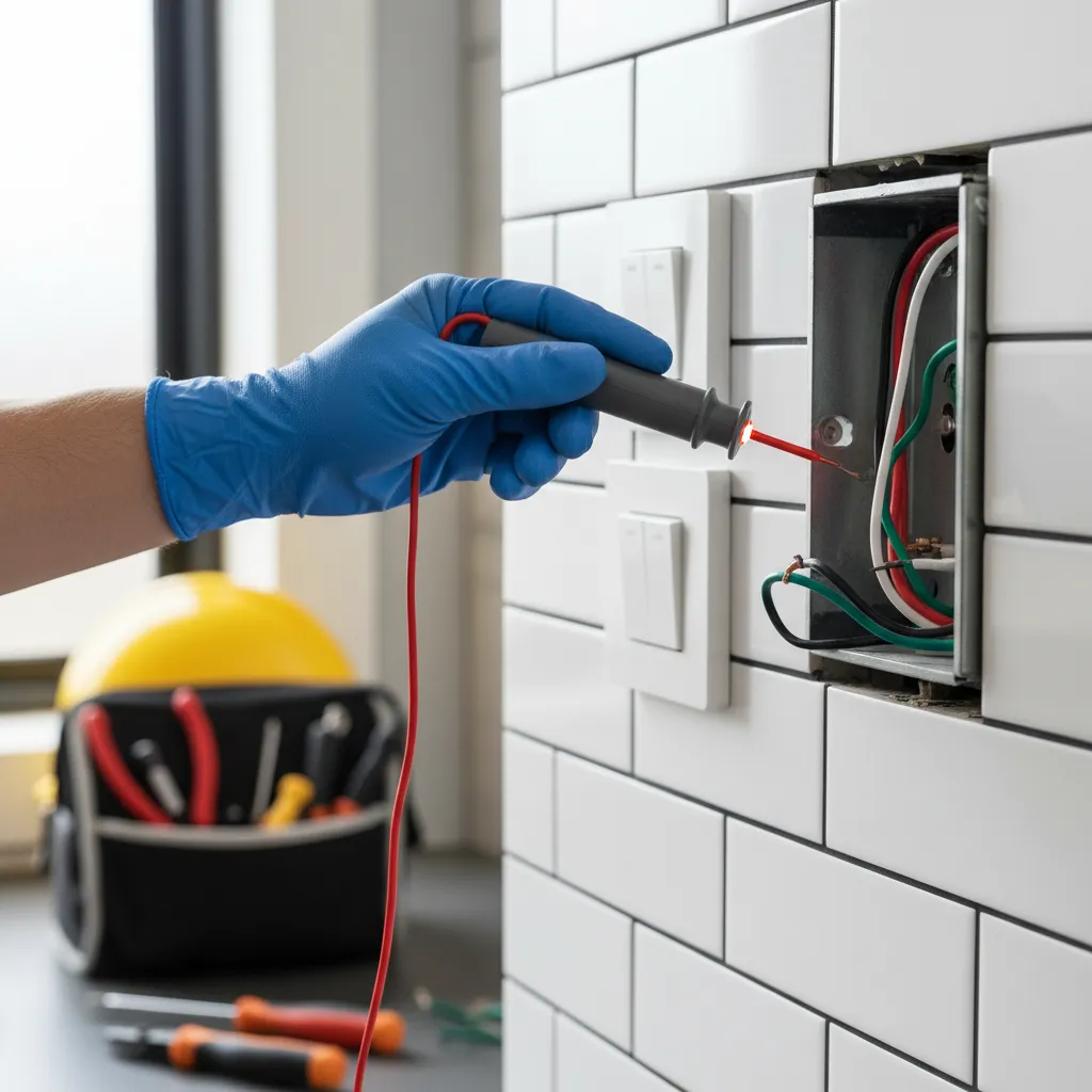 electrician testing bathroom light switch wiring with voltage tester