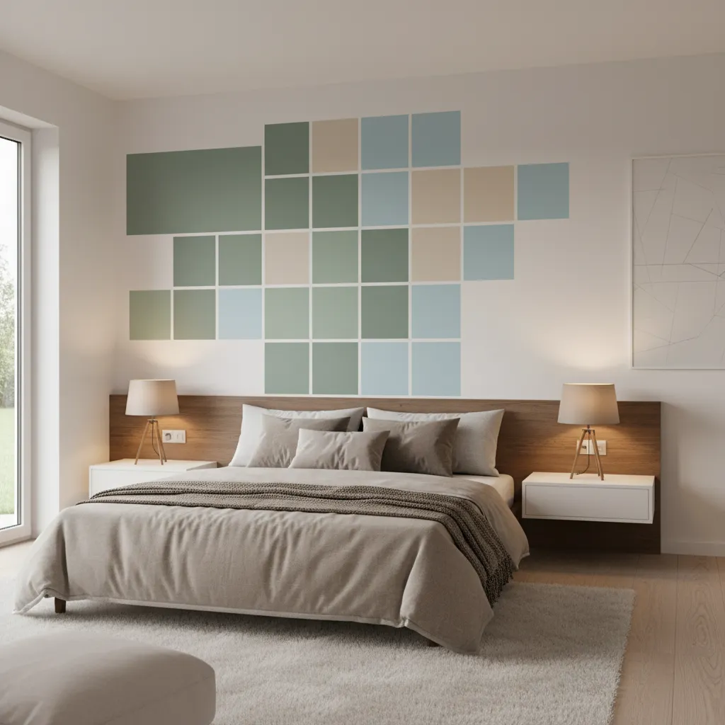Paint samples on bedroom wall tested under natural and lamp lighting