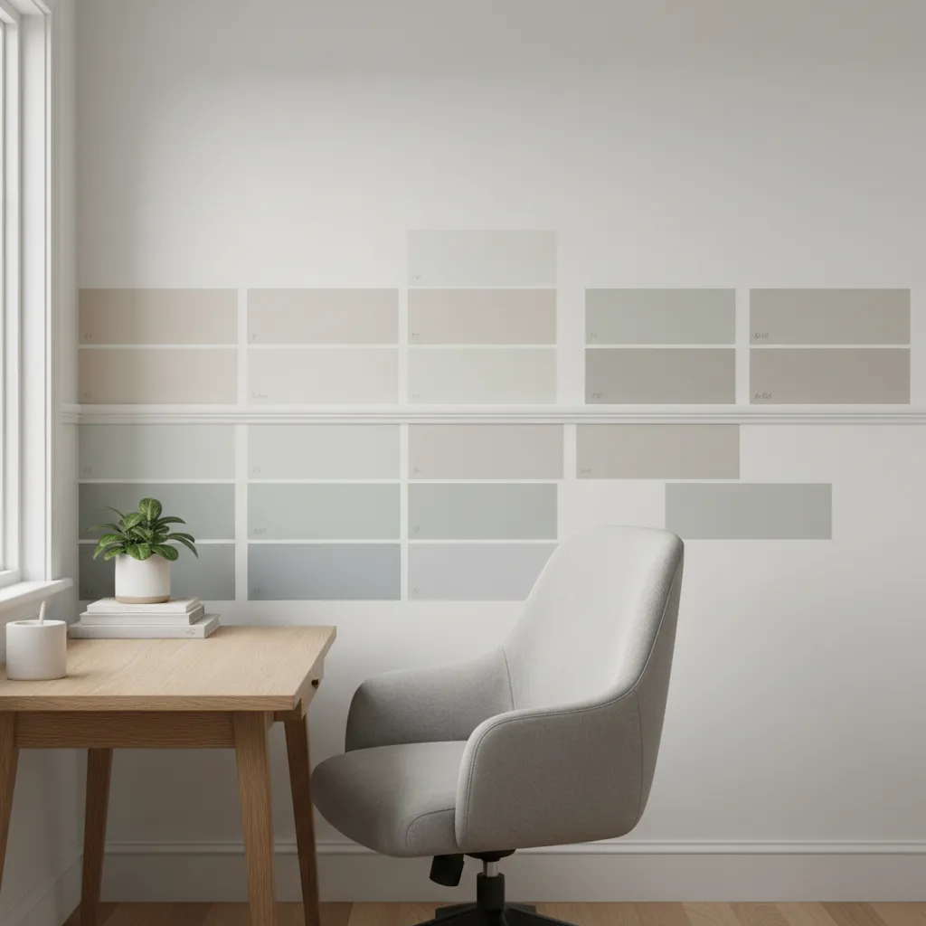 Wall paint samples above and below chair rail in home office