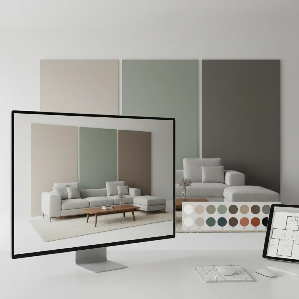 designer testing color palette on a digital living room layout