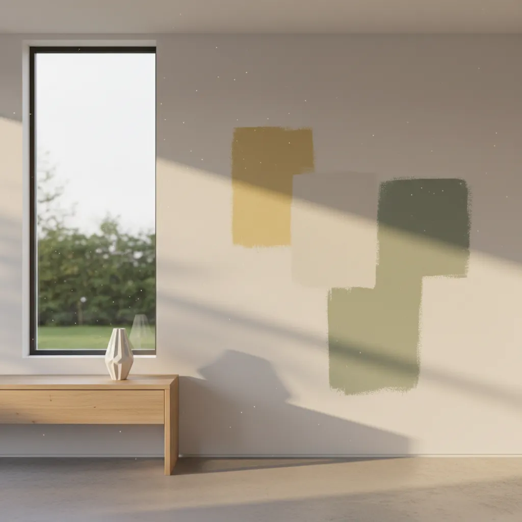 paint sample patches tested on an east facing wall in natural morning light