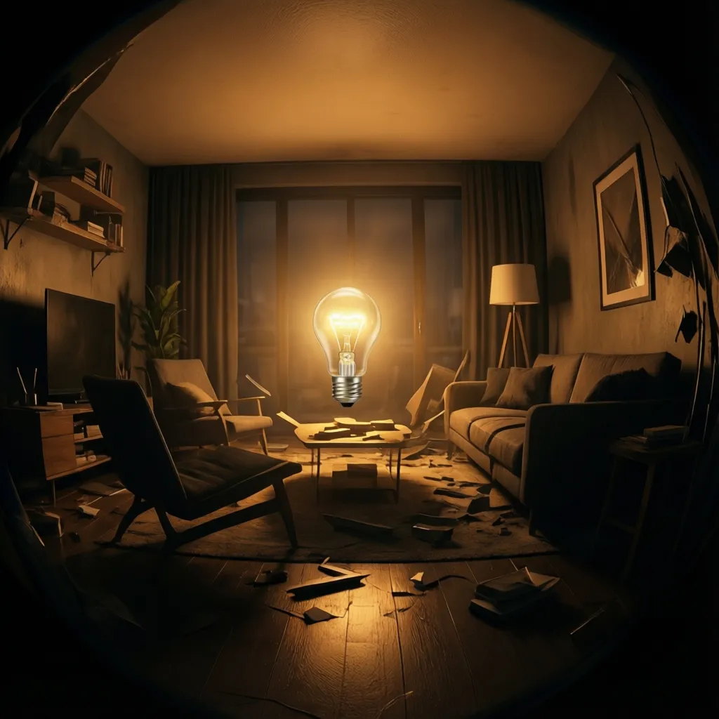 Rechargeable emergency LED bulb lighting a room during simulated power outage