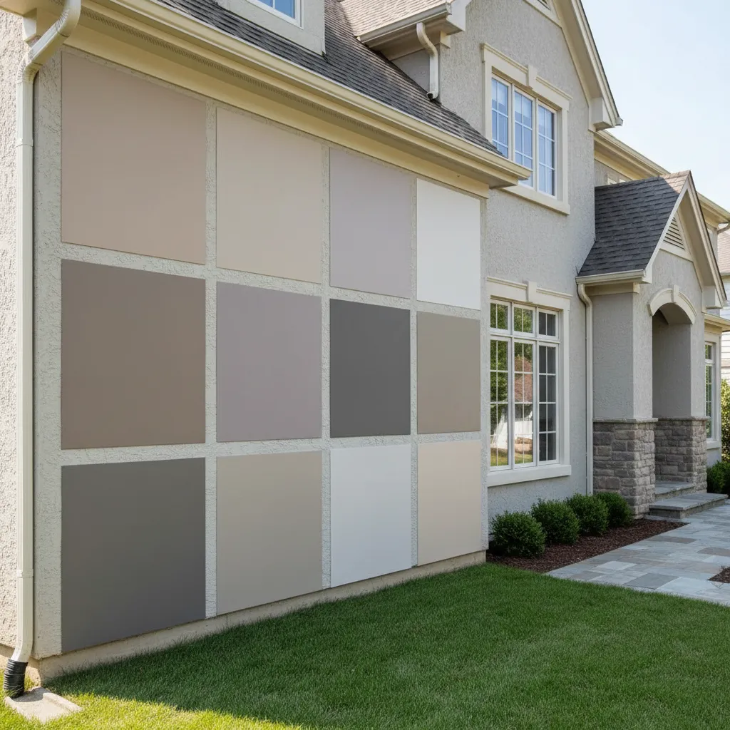Large exterior paint samples tested on a house wall in natural daylight