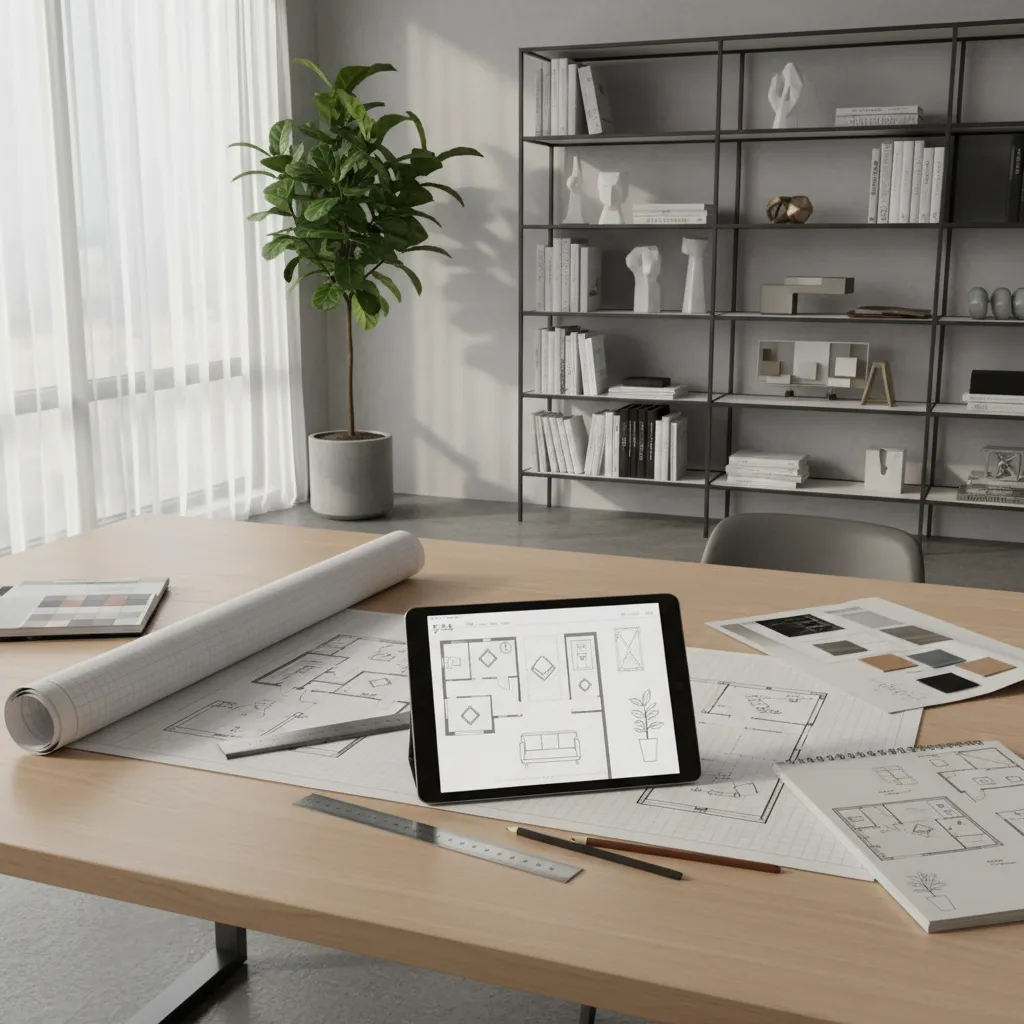 designer testing furniture layout on floor plan with sketches and digital tablet