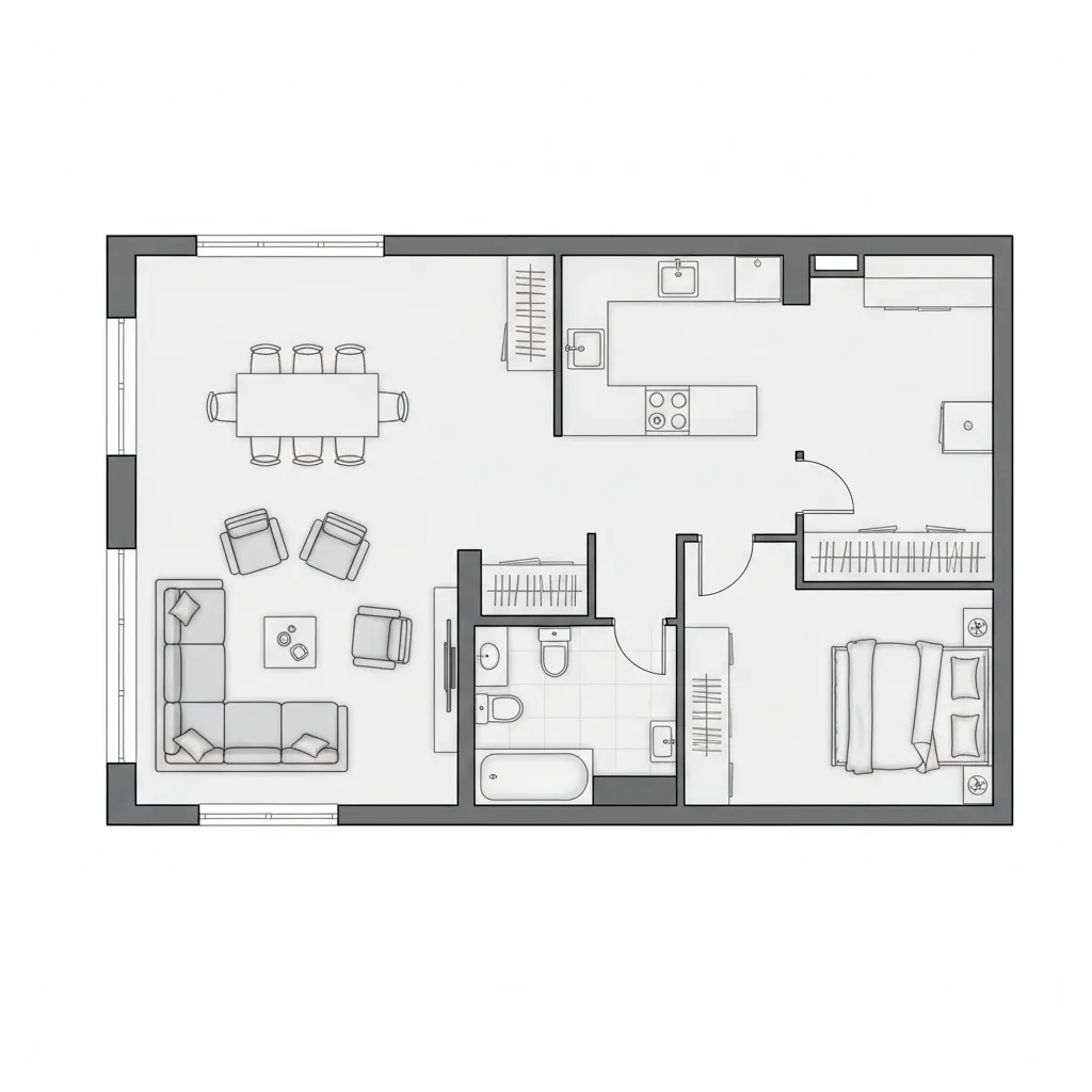 2D floor plan showing sofa dining table and bed placed to test room layout