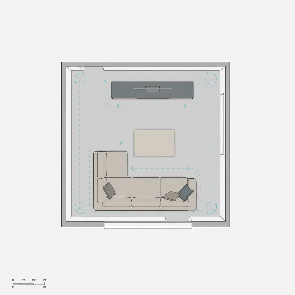 2D floor plan showing furniture arrangement and walking space around sofa and table
