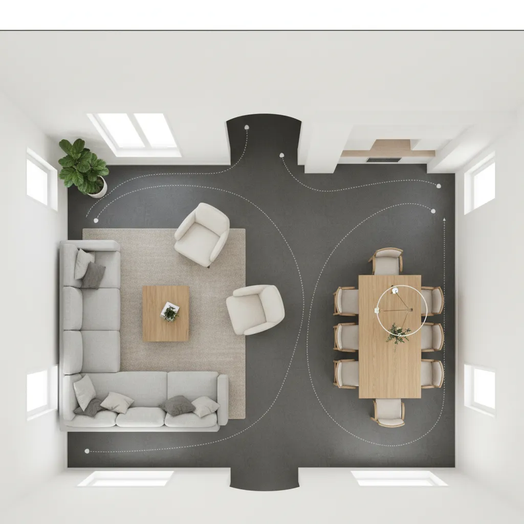 Digital floor plan showing sofa table and walkway spacing for furniture placement