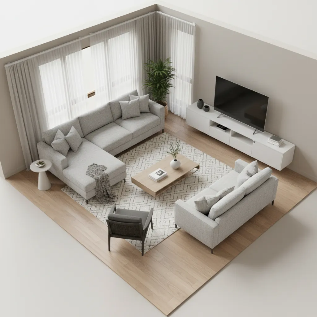 3D floor plan showing furniture scale comparison inside a living room