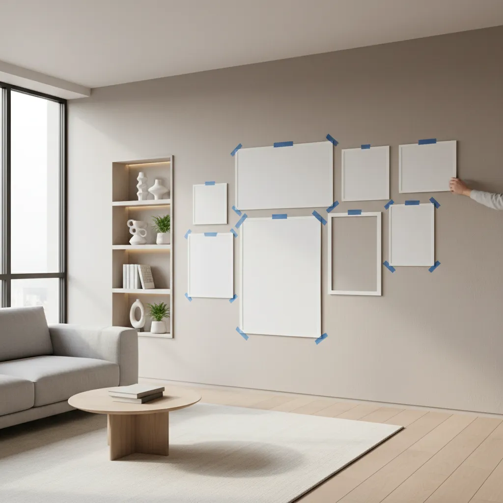 Designer adjusting paper frame templates on wall