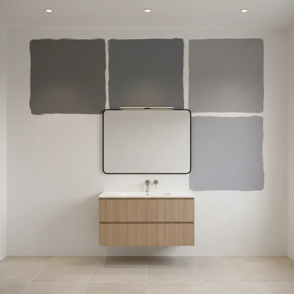 Large gray paint samples tested on bathroom wall near vanity and tiles