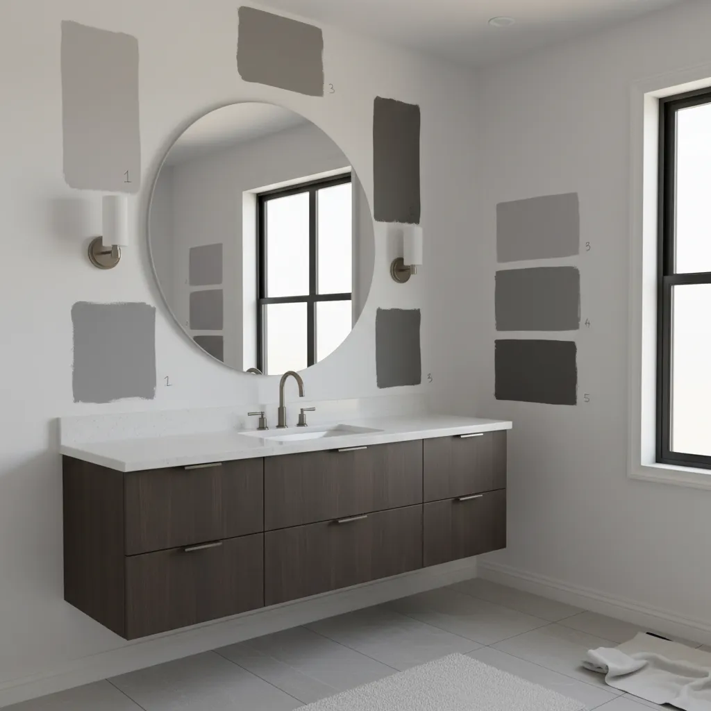 Large gray paint samples tested on bathroom wall