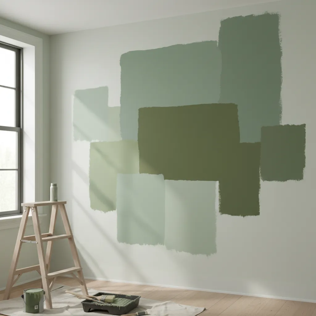 Wall with multiple green paint sample patches being tested in a bedroom