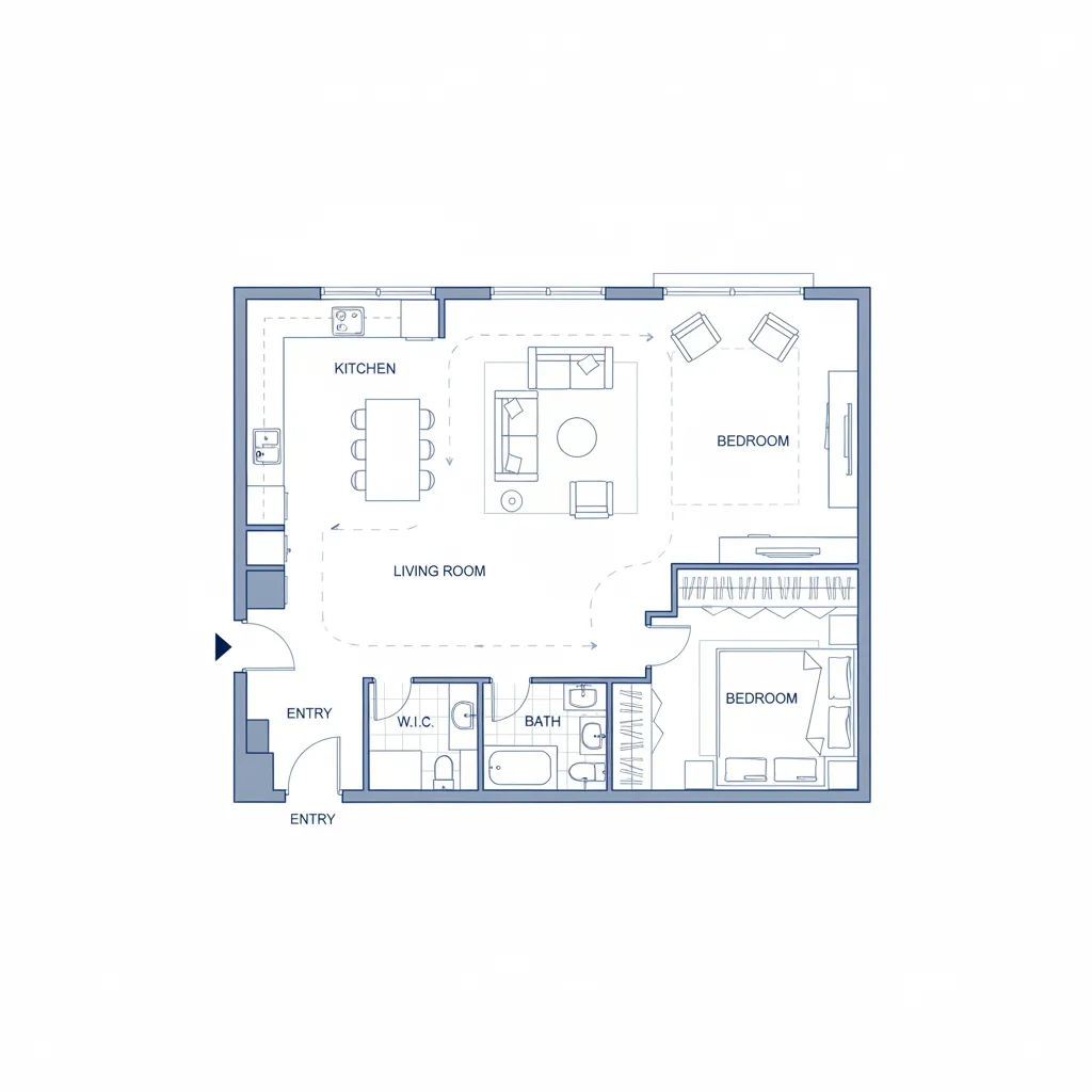 Annotated house floor plan showing walking circulation paths