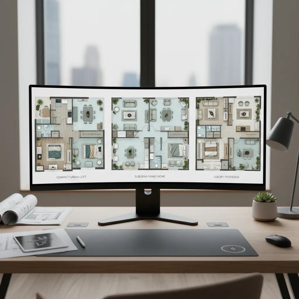 Multiple home layout variations displayed on a computer screen for comparison