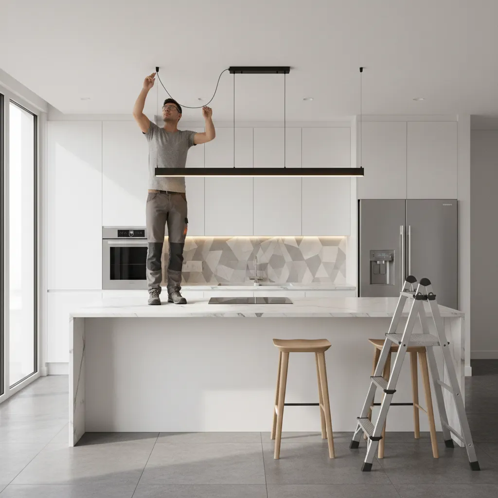 Installer adjusting linear pendant height above kitchen island
