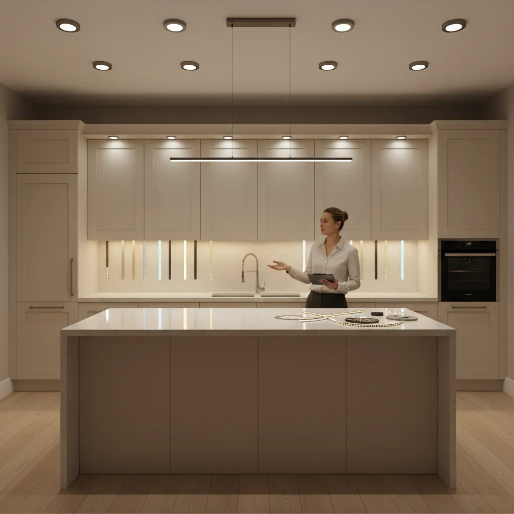 Designer testing different lighting setups in a cream cabinet kitchen