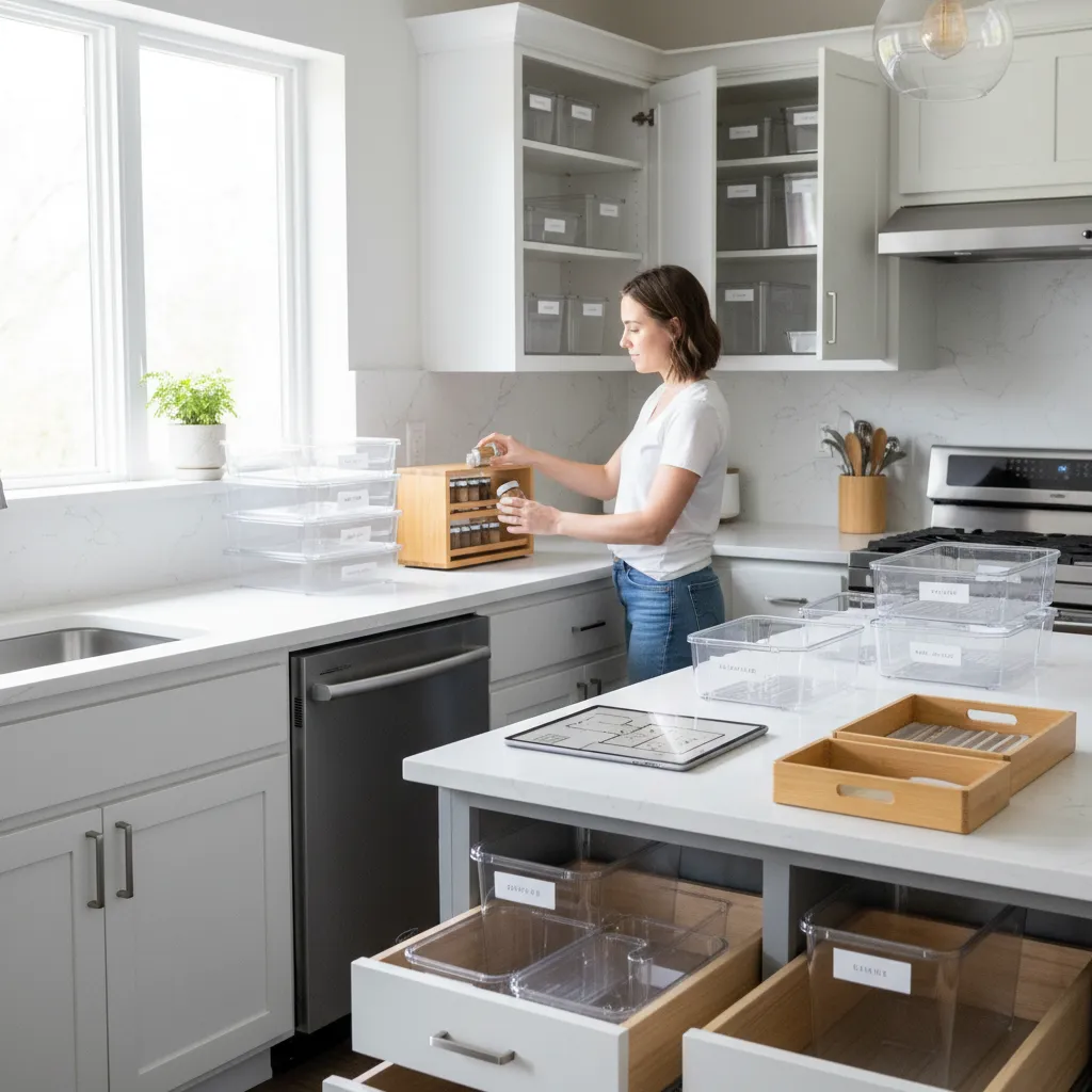 homeowner testing temporary kitchen storage layout with removable organizers
