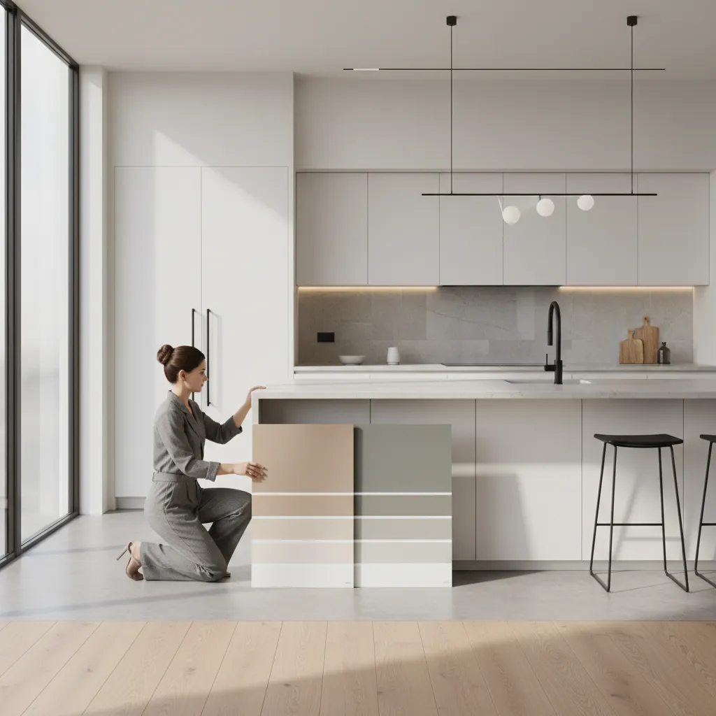 large wall paint samples next to white kitchen cabinets