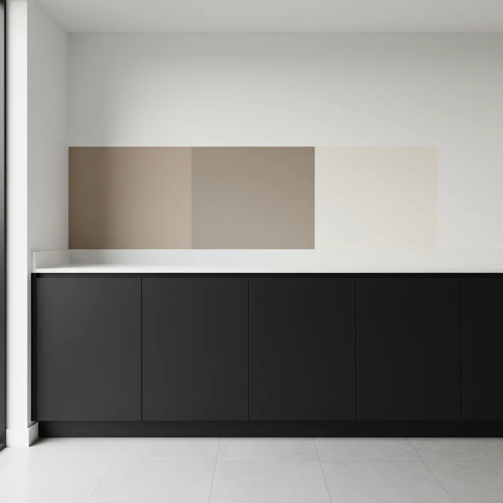 Paint test patches on kitchen wall beside black cabinets