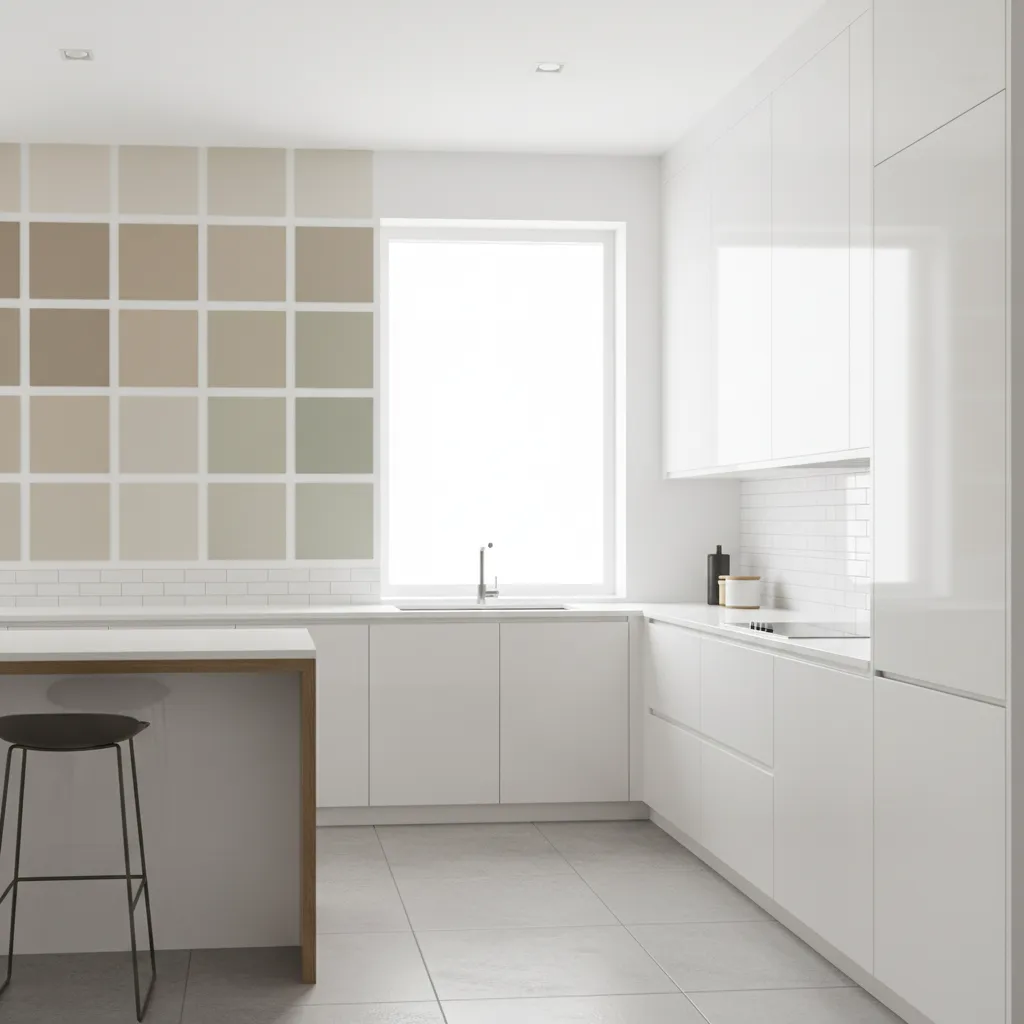 large wall paint samples tested beside white kitchen cabinets