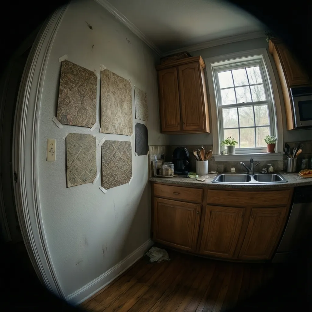 Wallpaper sample sheets taped on a small kitchen wall for testing
