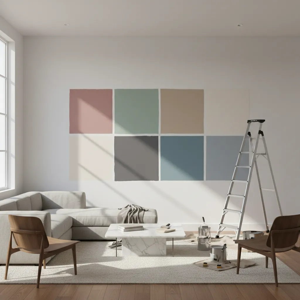 Large wall paint samples tested in a living room under different lighting conditions