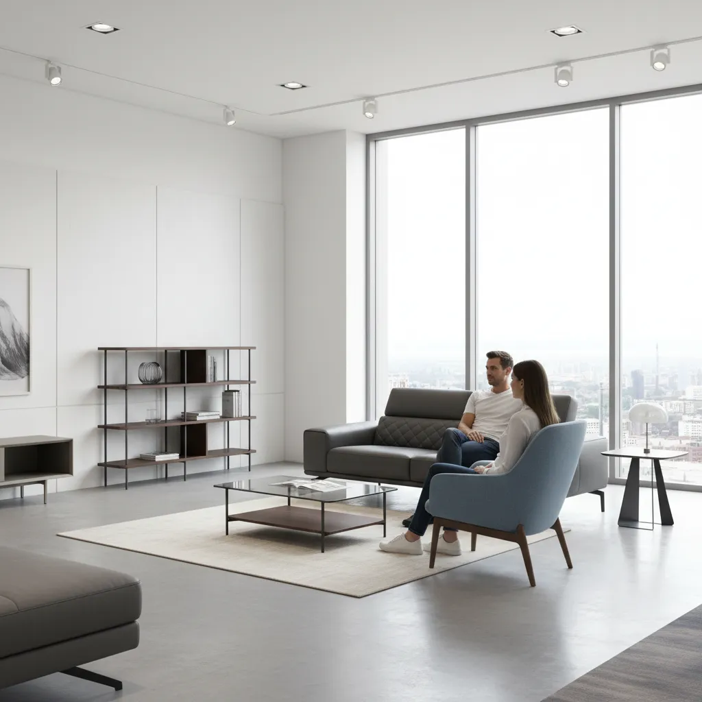 Person testing leather sofa and fabric chair in furniture showroom