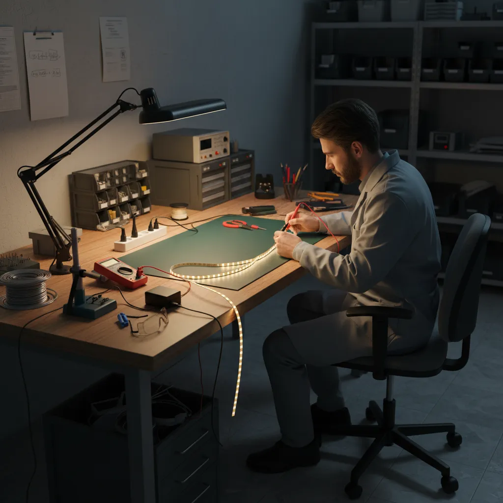 Technician testing LED strip light connection with power supply