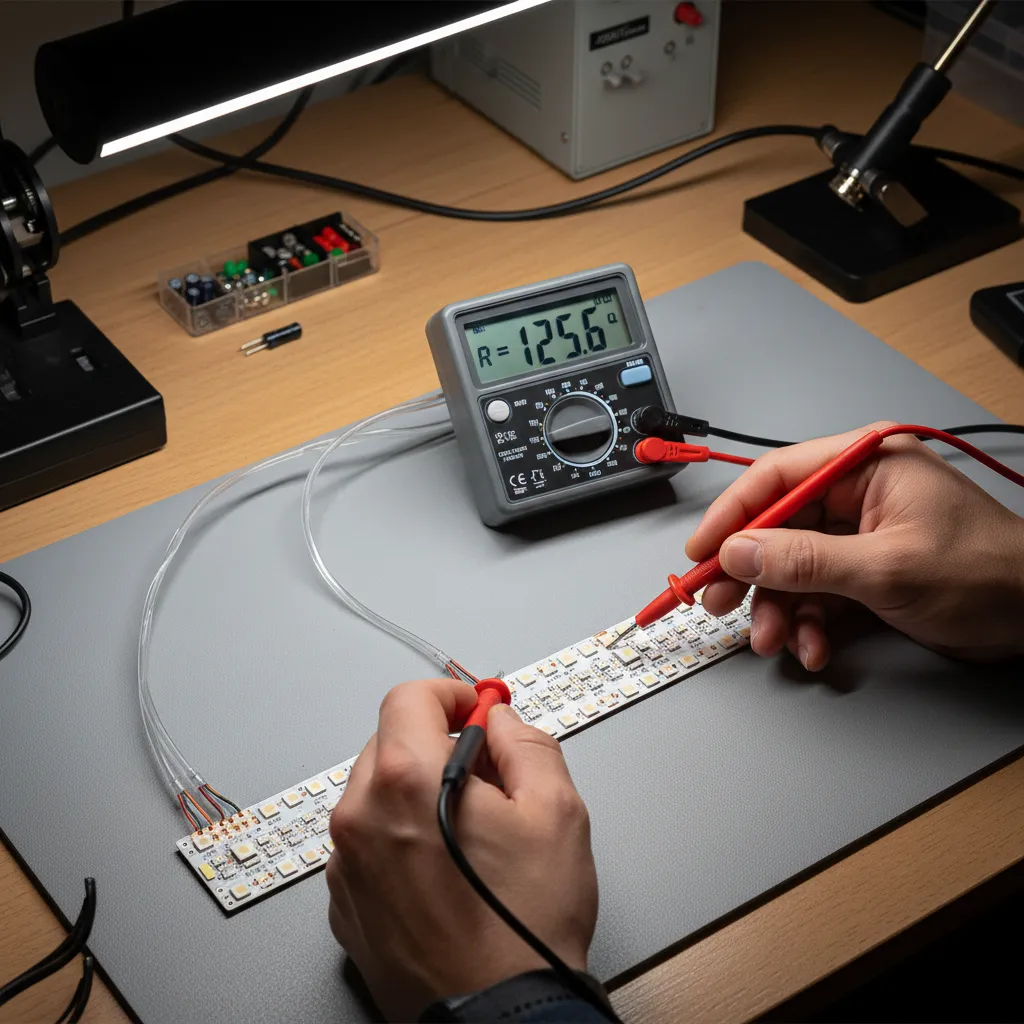 Hands using a digital multimeter to test an LED light strip on a gray mat