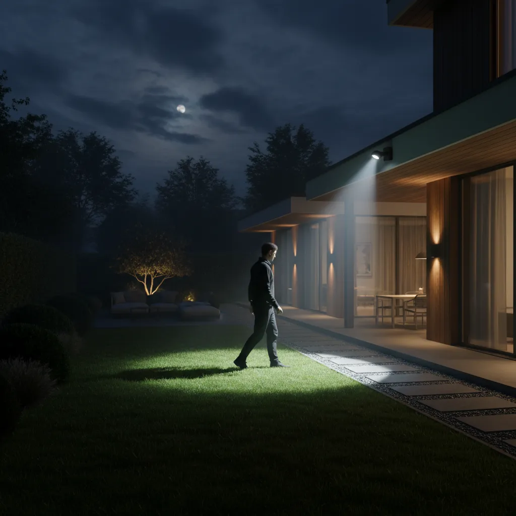 Person walking across yard testing motion sensor light coverage