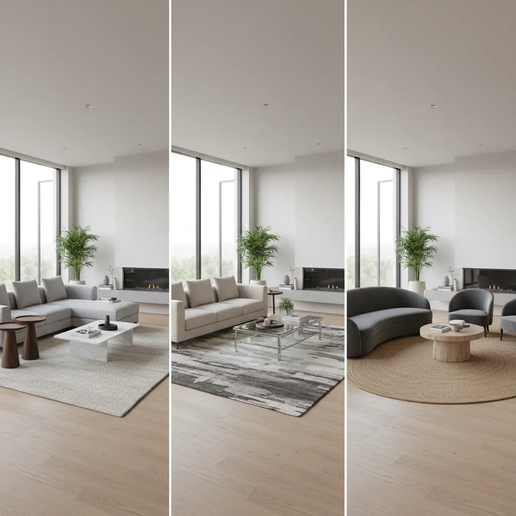 comparison of several living room furniture layout options in a modern apartment
