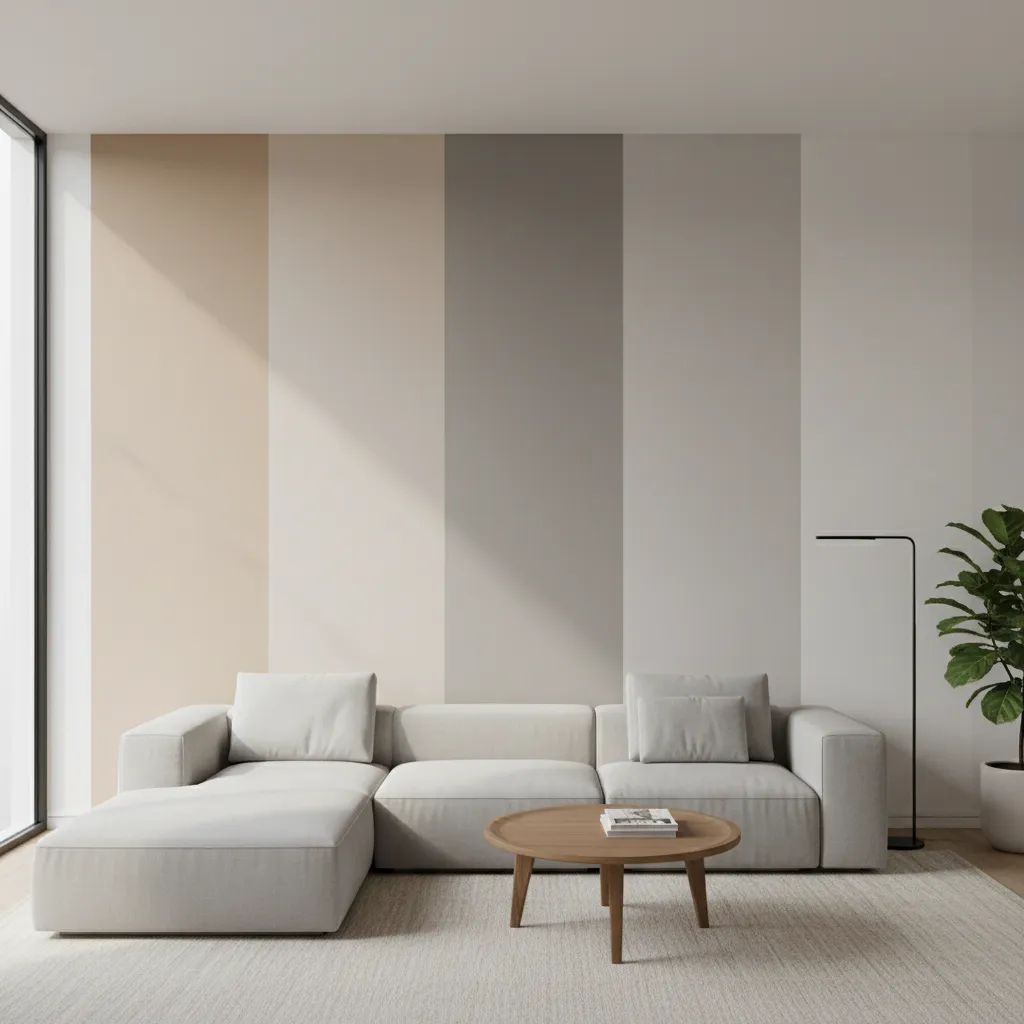 Large neutral paint swatches tested on a living room wall